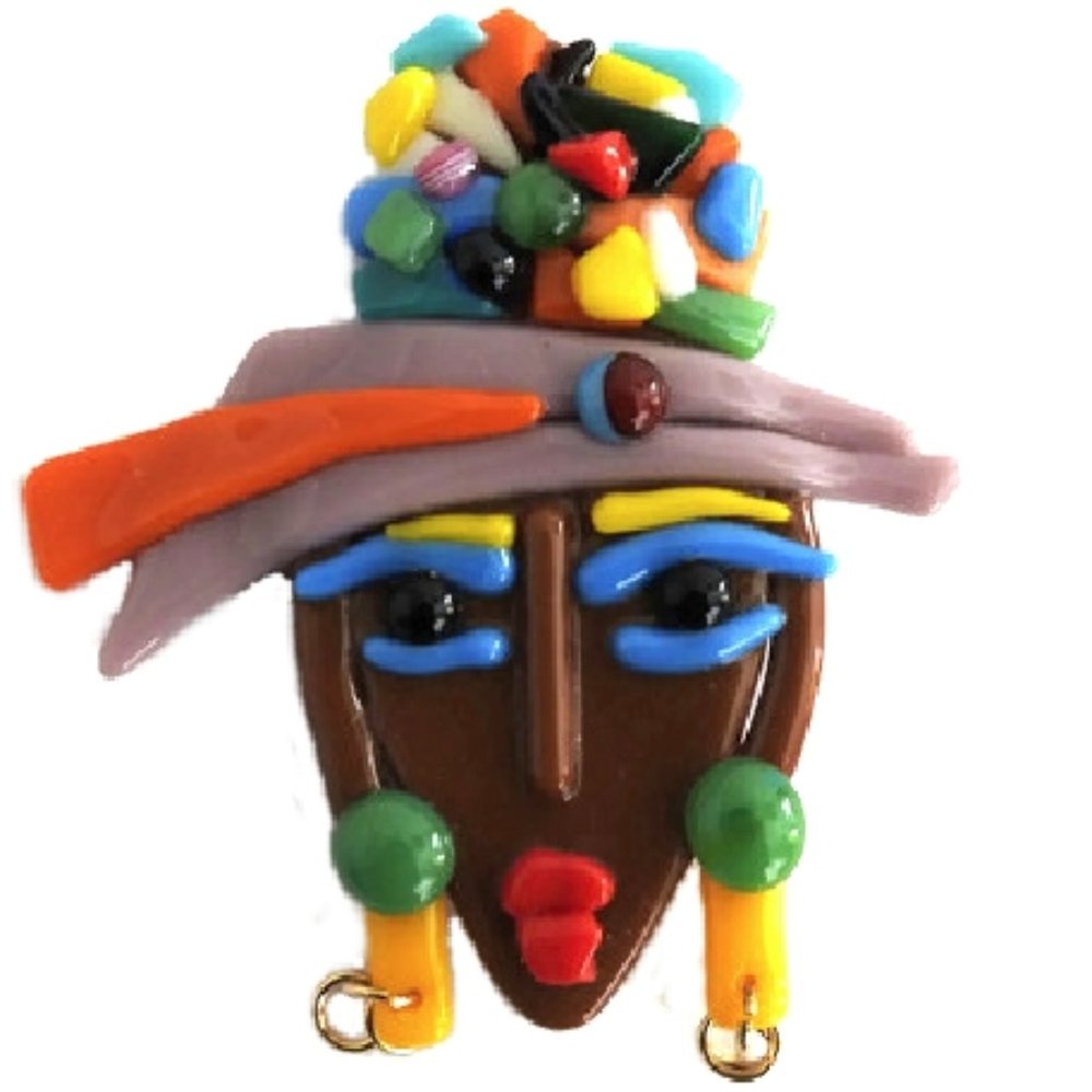 NWOT Art Glass Brooch Art Deco Woman Face New